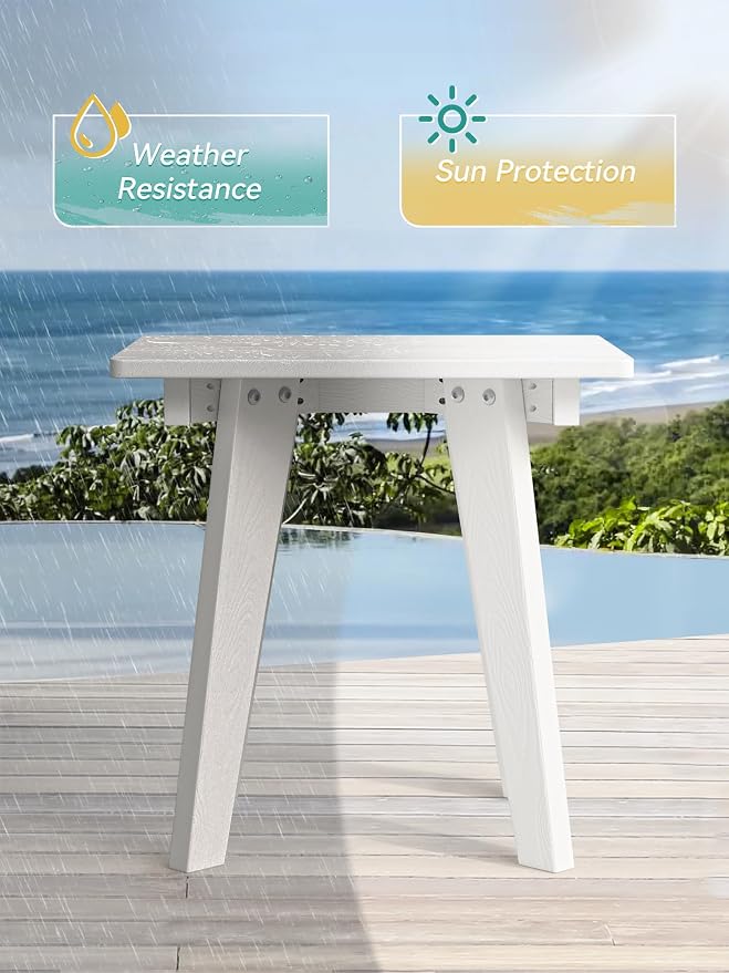 Outdoor Side Table, HDPE Weather Resistant Small Patio Table for Porch and Balcony, 200 LBS Capacity Heavy Duty Small Outdoor Table for Backyard and Pool, Easy Maintenance, White