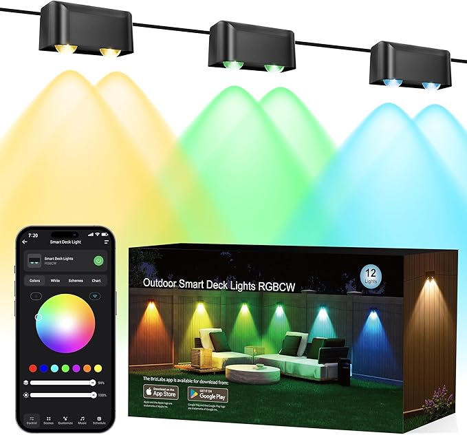 Brizled Smart RGBCW Fence Lights Outdoor, Red White Blue Deck Lights APP Controlled Compatible with Alexa & Google Home, Music Sync Fence Lighting for July 4th Garden Backyard Yard, 72.18ft 12 Pack