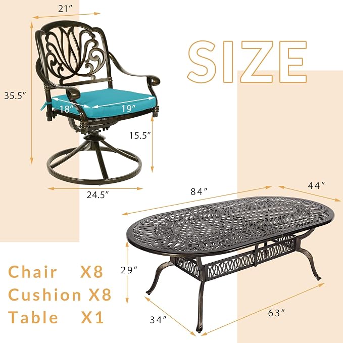 9-Piece Patio Dining Set, Outdoor Patio Table and Chair Set of 84” Oval Cast Aluminum Dining Table with Umbrella Hole, 8 Patio Dining Swivel Chairs Padded, Patio Funiture Set, Blue