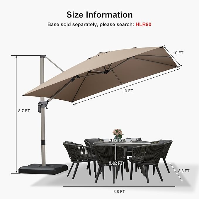 PURPLE LEAF 10’ X 10‘ Patio Umbrella Outdoor Cantilever Umbrella, Aluminum Offset Umbrella with Champagne Frame and 360° Rotation for Pool Deck Garden, Taupe