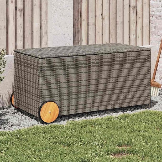 Gray Poly Rattan Outdoor Storage Box with Wheels and Water-Proof Bag for Patio Cushions and Garden Accessories