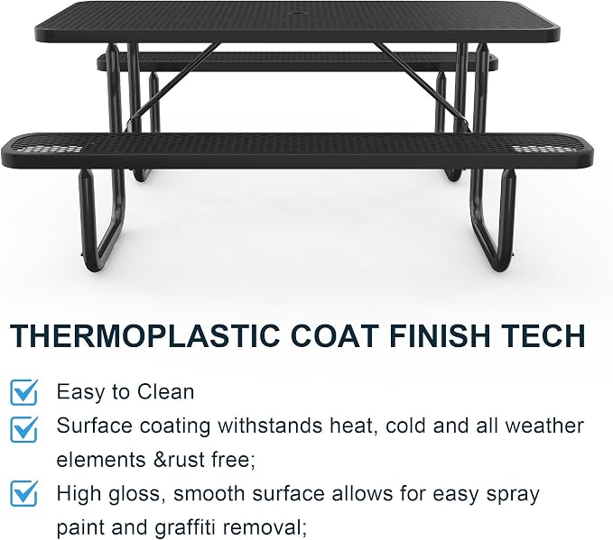 KEIKI 72" Heavy-Duty Metal Picnic Table with Benches, Commercial Outdoor Steel Table with 2.12" Umbrella Hole, 2.5mm Mesh Top, Rust-Resistant Coating, Patio Backyard Park Dining Furniture, Black