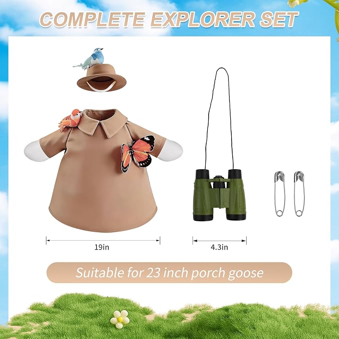 Explorer Porch Goose Outfits– Bird Watching Safari Adventure Costume with Hat, Binoculars, Butterfly & Birds – 23" Lawn Porch Goose Clothes for Spring Summer Patio Yard Garden Decor (Safari)