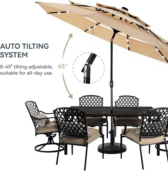 GREEN PARTY 10ft Patio Umbrella with Solar Lights, Auto-Tilt Lighted Market Table Umbrellas with Crank, 8 Sturdy Ribs & 1.5" Pole outdoor umbrellas for Patio Garden Deck Backyard Pool, Beige & Tan