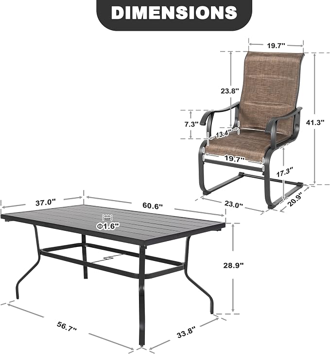 NUU GARDEN 7 Piece Outdoor Patio Dining Set for 6, 61" Rectangular Dining Table with Umbrella Hole and 6 All-Weather Padded Textilene Chairs, Brown and Black