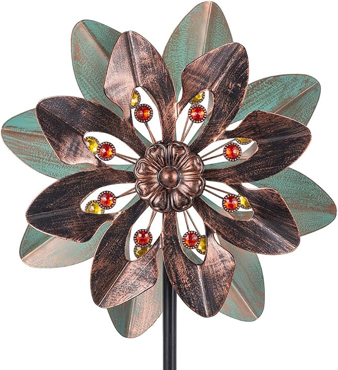 VEWOGARDEN Wind Spinners Outdoor with 2 Blades, Metal Kinetic Wind Spinner with Flower Design for Yard Garden Lawn Decorations