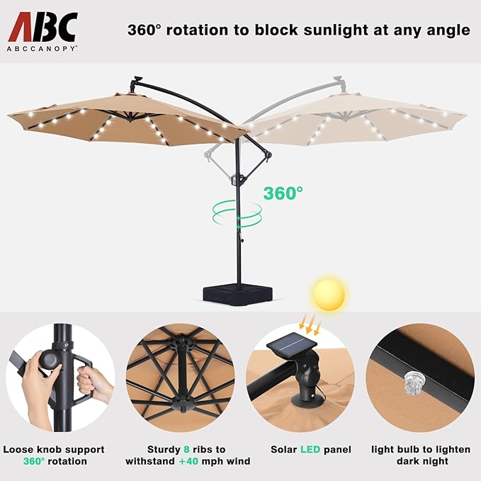 ABCCANOPY 10 FT LED Patio Umbrellas Cantilever Umbrella with base, 360° Rotation Outdoor Lighted Offset Umbrella Bonus Fix Frame & Weights Bag for Backyard, Deck, Poolside (Khaki)