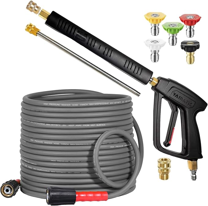 YAMATIC Pressure Washer Gun and Hose, 50 FT Flexible Hose with Stainless Steel Extension Power Washer Wand, 3/8" Swivel Quick Connect & M22-14mm Adapter Replacement for Ryobi Simpson Honda (Grey)