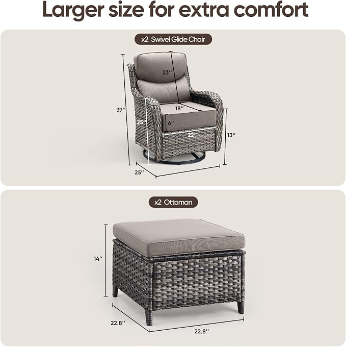 Swivel Patio Chairs Sofa Set of 4 with 6" Thick Cushion - Wicker Outdoor Swivel Rocker Patio Chair with Side Table, High Back Comfortable Outdoor Glider Chairs Grey Wicker Grey Cushions