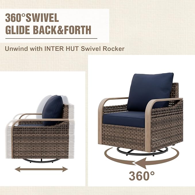 Modern Wicker Patio Furniture Set, Rattan Outdoor Conversation Set with Comfortable Cushions, 2 Swivel Rocking Chairs, 3 Seat Couch, 2 Ottomans and Coffee Table, 6 Pieces, Brown/Blue