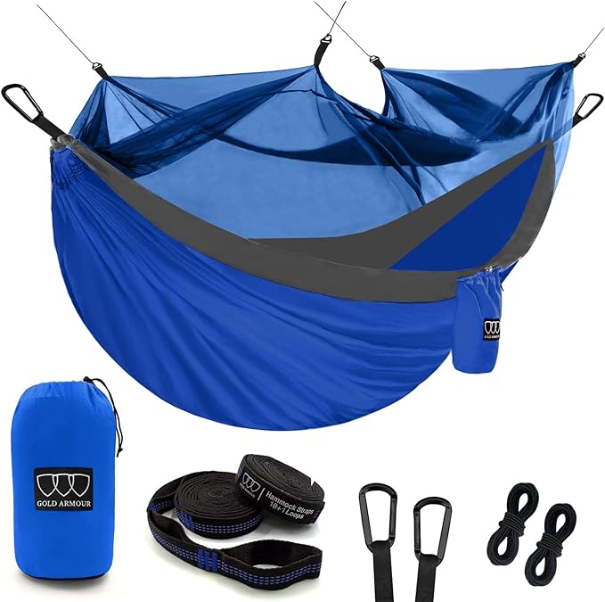 Gold Armour Camping Hammock - Camping Essentials, Double Hammock with Bug Net, Camping Gear Hammock for Outside, Hiking, and Travel (Blue & Gray)