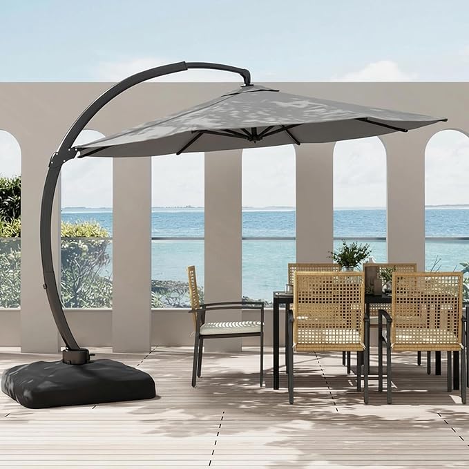 11FT Cantilever Patio Umbrella with Base Included, Large Cantilever umbrella with 360°Rotation, Heavy-Duty Offset Outdoor Umbrella for Patio,Pool,Garden and Backyard (Gray)