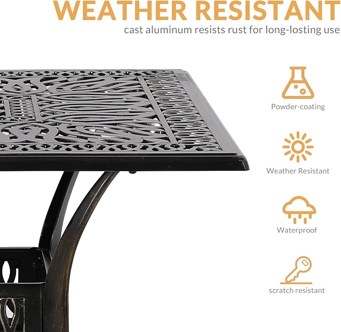 Outdoor Cast Aluminum Patio Table, 35.4” Square Bistro Table with 2.2’’ Umbrella Hole for Patio Furniture Garden Deck Backyard