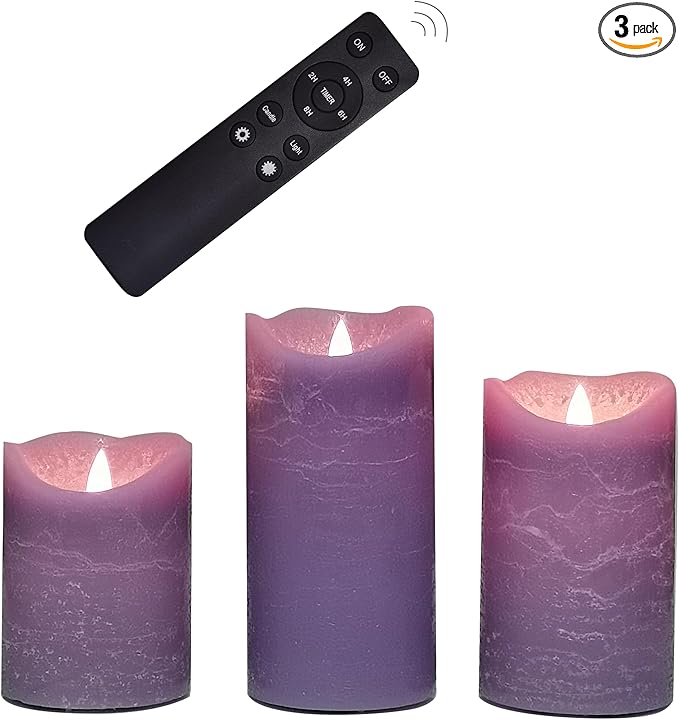 CANDLE CHOICE Real Wax Battery Operated Flameless Candles with Remote Automatic Daily Cycle Timer Realistic Flickering Electric LED Pillar Wedding Party Holiday Decoration 3 Pack Rustic Texture Purple