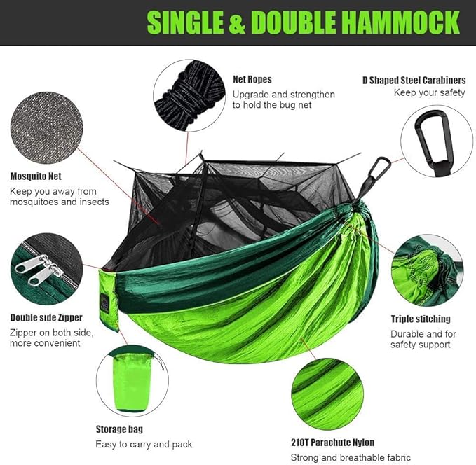 Travel Camping Double Hammock, with Mosquito Net Portable Parachute Nylon Hammock, Light Quick Drying Outdoor Hammock, for Outdoor Indoor Camping (Color : B, Size : 260x140cm)