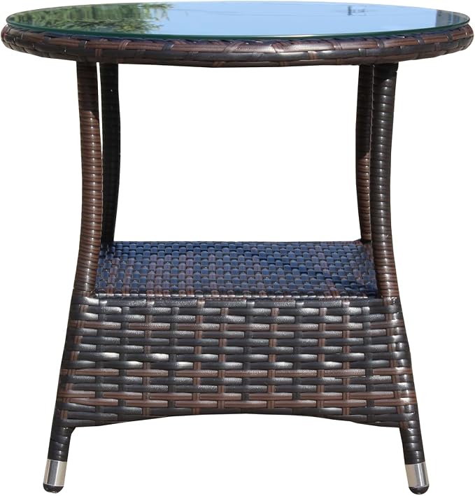 Patio Wicker Side Table 21" Round – Outdoor Coffee Table with Storage Shelf & Tempered Glass Top, PE Rattan End Table for Backyard Balcony Garden, 120 lbs Capacity, Brown