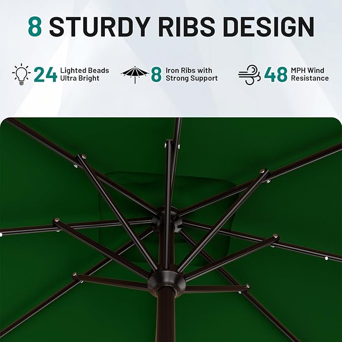 AreShark 8' X 10' Rectangular Patio Umbrella with Solar Lights, Lighted Solar Umbrella with Crank, Outdoor Table Umbrella for Garden, Deck, Backyard, Pool and Beach, Dark Green