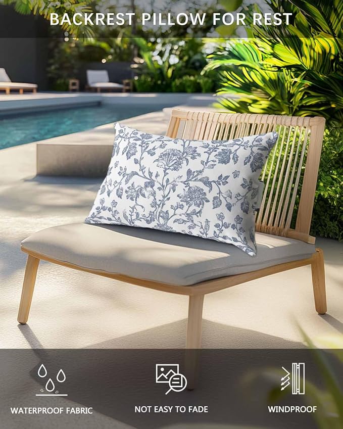 Pack of 4 Outdoor Lumbar Pillow Covers 12x20 Inch, Blue Flower Waterproof Throw Pillow Covers Set, Vintage Farmhouse Boho Leaf Spring Summer Indoor&Outdoor Cushion Cases for Patio Porch Beach