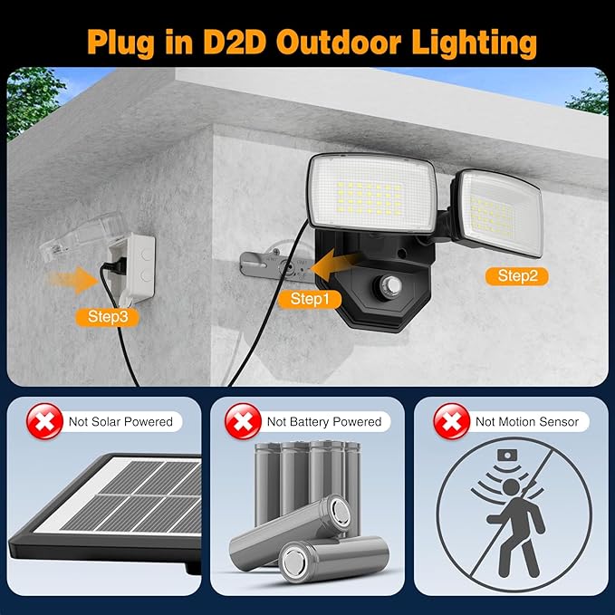 Onforu 32W 3200LM Dusk to Dawn Outdoor Lighting,6500K Dual Heads Plug in Flood Light,Black Outdoor Lighting,IP66 Waterproof LED Security Lights for Garage,Yard,Outside