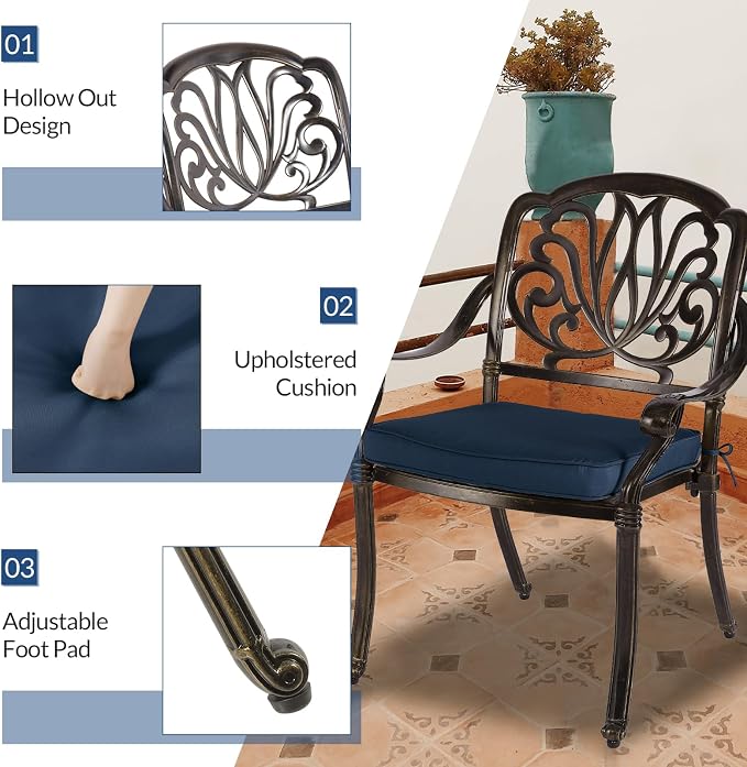 9-Piece Patio Cast Aluminum Dining Set, All-Weather Outdoor Dining Set for 8, Includes 64" Square Table and 8 Cushioned Chairs with Umbrella Hole for Patio Deck Garden, Navy Blue