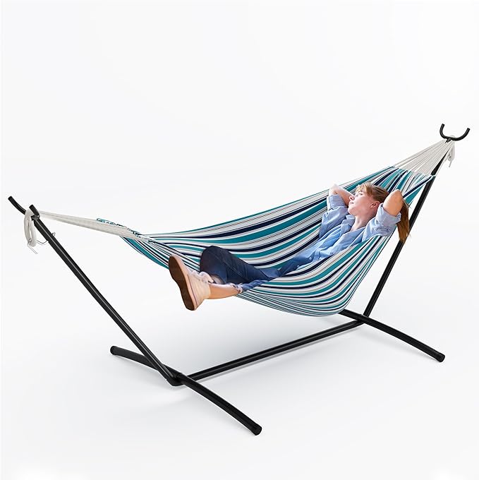 Double Hammock with Space-Saving Steel Stand for 2 Person - Portable, 450lbs Capacity - Indoor Outdoor Use, Carry Bag Included - Perfect for Garden, Camping, Beach - Ocean Color