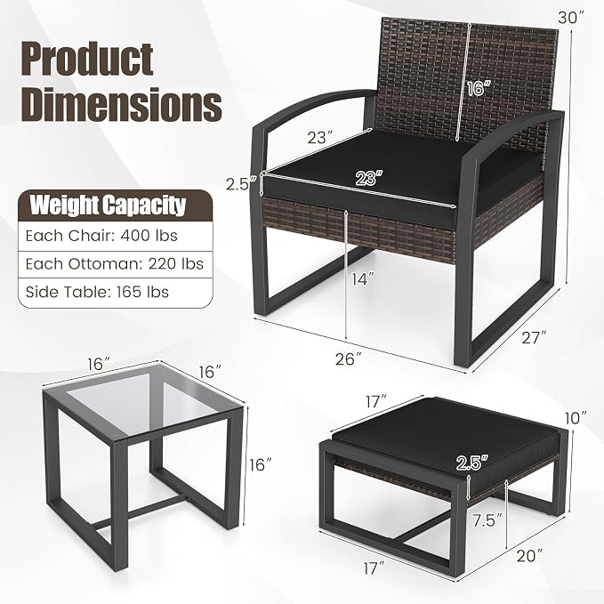 Tangkula 5 Pieces Wicker Patio Conversation Set, Outdoor PE Rattan Chair with Ottoman Set with Glass Side Table, 2-Person Small Balcony Furniture Seating Set with Cushions for Porch, Backyard, Deck