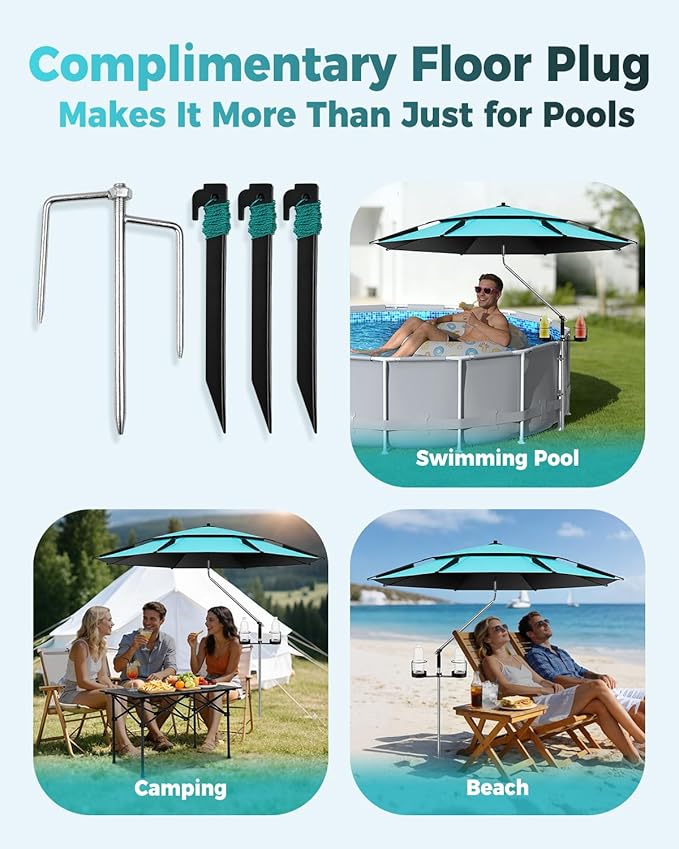 Above Ground Pool Shade Umbrellas - Outdoor Sunshade Canopy with 2 Pack Cup Holders Fits Most Oval Rectangular Swimming Pools - Patio Umbrella for Garden, Beach, Backyard, Poolside Accessories