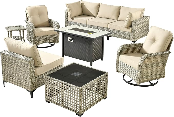 Outdoor Patio Furniture Sets,9 PCS Patio Conversation Set Outside Rattan Sectional Sofa with 42 in Fire Pit Table Wicker Rocking Chair Coffee Table Fit Backyard Porch Garden Poolside Balcony