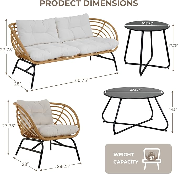 Grand patio Patio Furniture Set, Outdoor Wicker Patio Conversation Seating Chair with Cushions and Coffee Table, Boho Seating Chat Set for Indoor Outdoor, Balcony, Porch, Garden, Deck