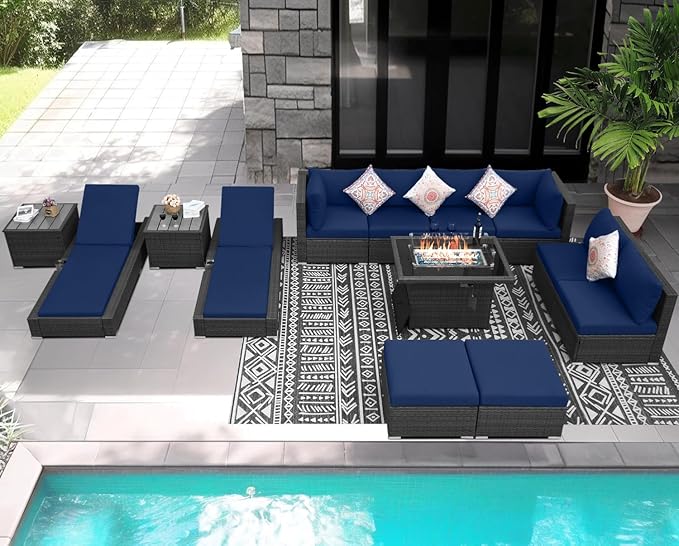 NICESOUL 13 Piece Outdoor Couch with Firepit Table, Durable Hevy Duty Wicker Patio Furniture with Lounger, Big Large Sectional 10-Seats with Long Propane/Natural Gas Firepit and Chaise, Gray&Navy Blue