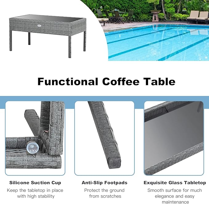 Tangkula 4 Piece Patio Furniture Set, Patiojoy Outdoor Wicker Conversation with Soft Cushion, Glass Tabletop, Solid Steel Frame, Sectional Sofa for Backyard, Poolside, Balcony
