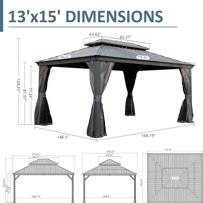 Domi 13' X 15' Hardtop Gazebo, Upgraded Metal Gazebo with Drainage System, Dual-Layer Galvanized Steel Roof, Curtain and Netting, Outdoor Shelter Canopy for Patio, Garden, and Backyard, Grey