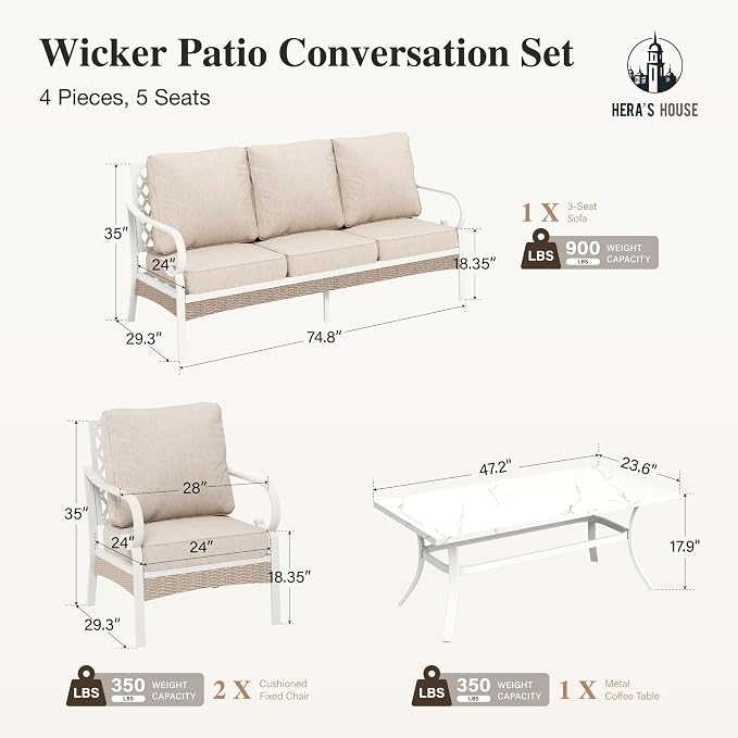 HERA'S HOUSE 4-Piece Patio Furniture Set with Metal & Rattan Design, Includes 2 Fixed Chairs, 3-Seat Sofa & Marble Coffee Table, All-Weather Outdoor Conversation Set for Garden Backyard, Beige