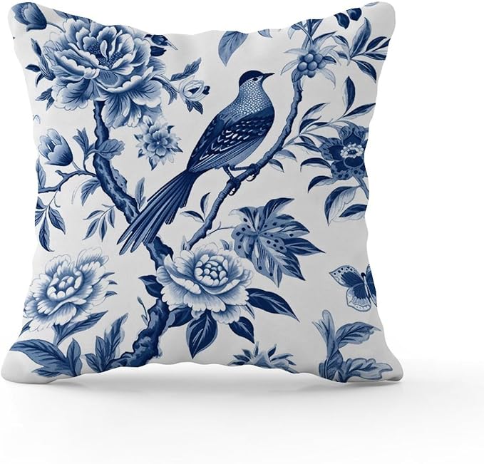 Blue Indigo Floral Chinoiserie Outdoor Throw Pillow Covers Asian Navy Lotus Bird Waterproof Throw Pillowcase 20x20 in Modern Accent Cushion Cover for Patio Furniture Garden