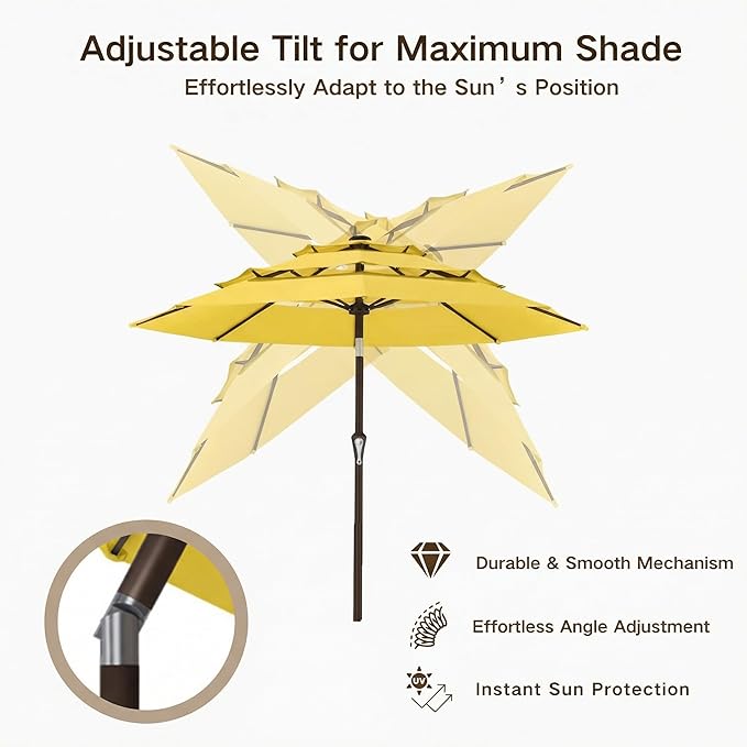 Kingdura 10ft 3-Tier Patio Umbrella, Outdoor Table Umbrella with Easy Crank & Tilt, 8 Reinforced Ribs, UV Protection for Deck, Pool, Market, Backyard (Yellow)