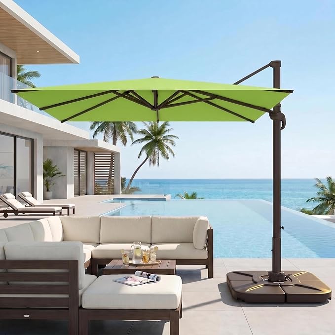 Kingdura 10' X 10' Cantilever Patio Umbrella with Base Included, Large Square Aluminum Outdoor Offset Umbrella with 360-degree Rotation, 4 Position Tilt, UV Protection for Pool Deck Garden Patio (Apple green)