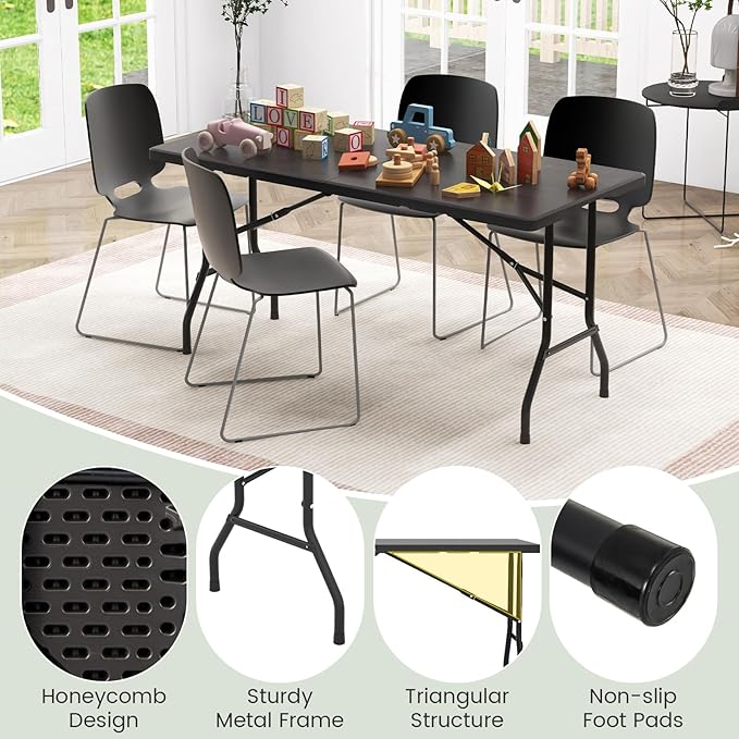Giantex 5 FT Folding Table, HDPE Foldable Dining Table for 6, Indoor Outdoor Use for Party Banquet Wedding Picnic Camping BBQ, Fold-in-Half Portable Space Saving Design (Black)