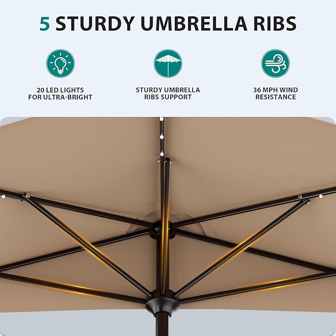 AreShark 9ft Patio Half Umbrellas with Solar Lights, 1/2 LED Half Outdoor Umbrella w/ 20 LED Lights, Lighted Table Wall Umbrella with Crank & 5 Sturdy Ribs for Market, Pool, Deck, Lawn and Garden, Beige