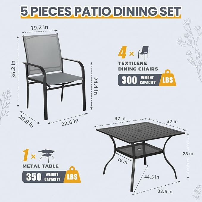 5-Piece Patio Dining Set,4 Person Outdoor Table and Chairs Set, 4 Metal Dining Chairs and Square Outdoor Table with 1.57" Umbrella Hole,Grey