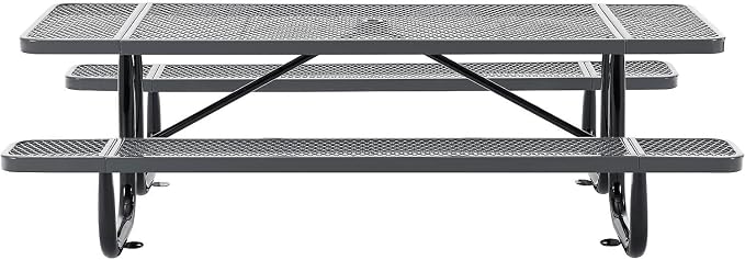 Global Industrial 8’L Rectangular Picnic Table, Expanded Metal, Gray Thermoplastic Coating, Attached Benches, 1-1/2” Umbrella Pole Hole, Outdoor-Rated, 1000 lb Capacity, 96” x 30” Tabletop