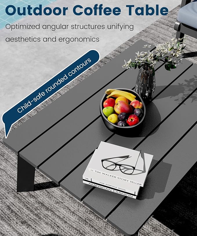 FOOWIN 4-Piece Patio Furniture Set, HDPE All-Weather Outdoor Conversation Set with Thick Cushions, Sectional Patio Sofa Furniture for Deck, Porch, Lawn, Garden, Grey Frame & Grey Cushion