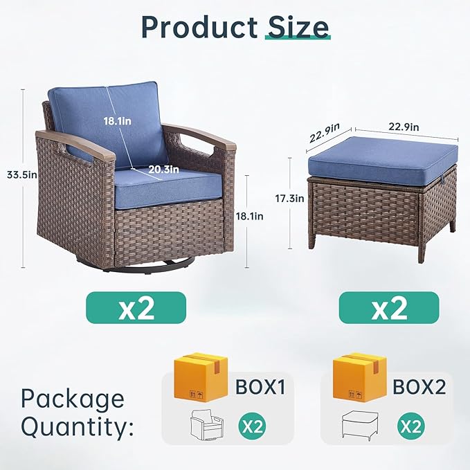 Luxury Outdoor Swivel Rocker Patio Chairs with 2 Ottomans - 4 Piece Heavy Duty Furniture Set All Weather Wicker Conversation Set with Cofort Thick Cushion for Porch Poolside and Deck - Blue