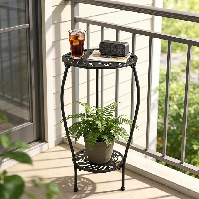 Party Zealot Two-Tiered 13 Inch Metal Round Side Tables Small Black Outside End Table for Patio Round Accent Garden Corner Stand for Small Spaces Weather-Resistant Outdoor Coffee Table for Balcony
