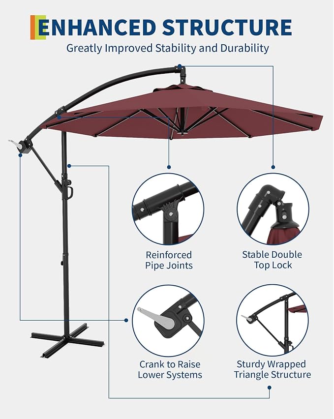 IDEALHOUSE 10FT Offset Cantilever Patio Umbrella with Cross Base, Large Outdoor Umbrella with Infinite Tilt & Crank Lift, UPF 50+ Fade-Resistant Fabric, Vented Canopy for Garden, Deck, Backyard