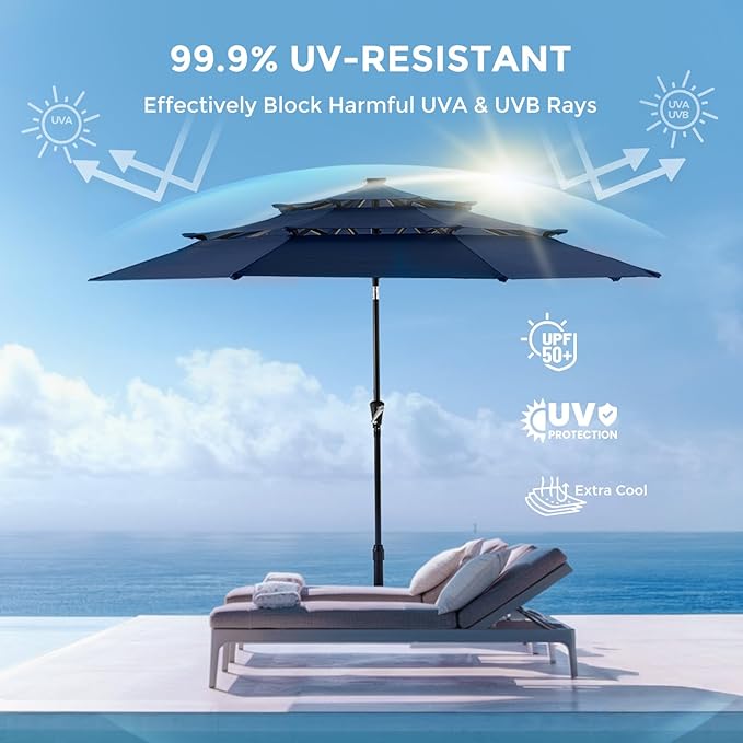 HOMSHADE 9FT 3-Tier Solar Patio Umbrella Heavy Duty,Vented Market Table Umbrella Windproof with 32 LED Lights,UPF50+,5-Year Fade Resistant,8 Thicker Ribs for Pool,Lawn,Garden,Deck (Navy Blue,No Base)