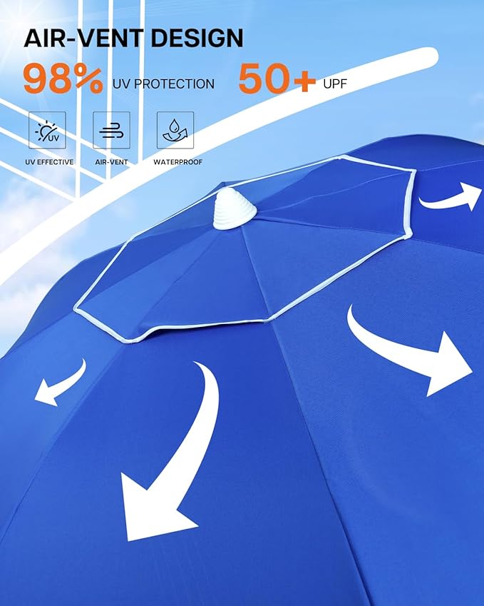 paramondo 7ft Beach Umbrella with Sand Anchor Air Vent Push Button Tilt and Crank, Portable Sunshade Outdoor Patio Umbrella with 8 Sturdy Ribs for Garden, Deck, Backyard, Pool and Beach
