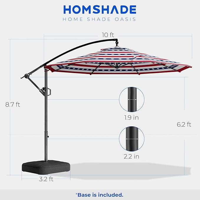 HOMSHADE 10ft Offset Patio Umbrella - w/Base, Cantilever Offset Hanging Patio Outdoor Market Umbrella UPF50+ UV Protection with Easy Tilt and Crank for Pool Deck and Garden(Red & Blue Star Stripes)
