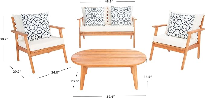 SAFAVIEH Outdoor Deacon Natural and Beige 4-Piece Set with Blue and White Pillows