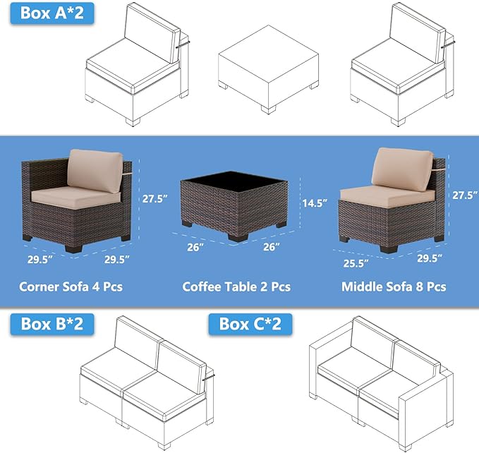Outdoor Patio Furniture Set, 14 Pieces Outdoor Sectional Furniture Patio Sofa, All-Weather PE Rattan Patio Conversation Set with Tempered Glass Top Table & Cushions(Brown).
