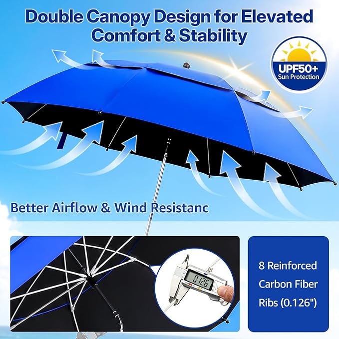 2 Pack 42 Inch Double Canopy Beach Chair Umbrella with Clamp, UPF50+ Clip on Beach Umbrella with 360° Swiwel Arm & Adjustable Clip, Portable Sun Shade for Wheelchair, Stroller, Camping